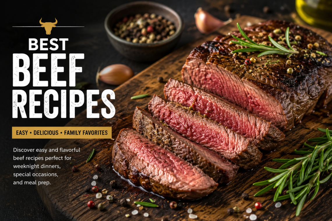 Delicious beef recipes including steak, stew, baked beef, and tacos on a rustic table