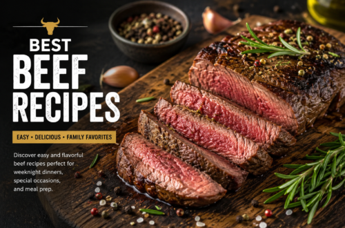 Delicious beef recipes including steak, stew, baked beef, and tacos on a rustic table